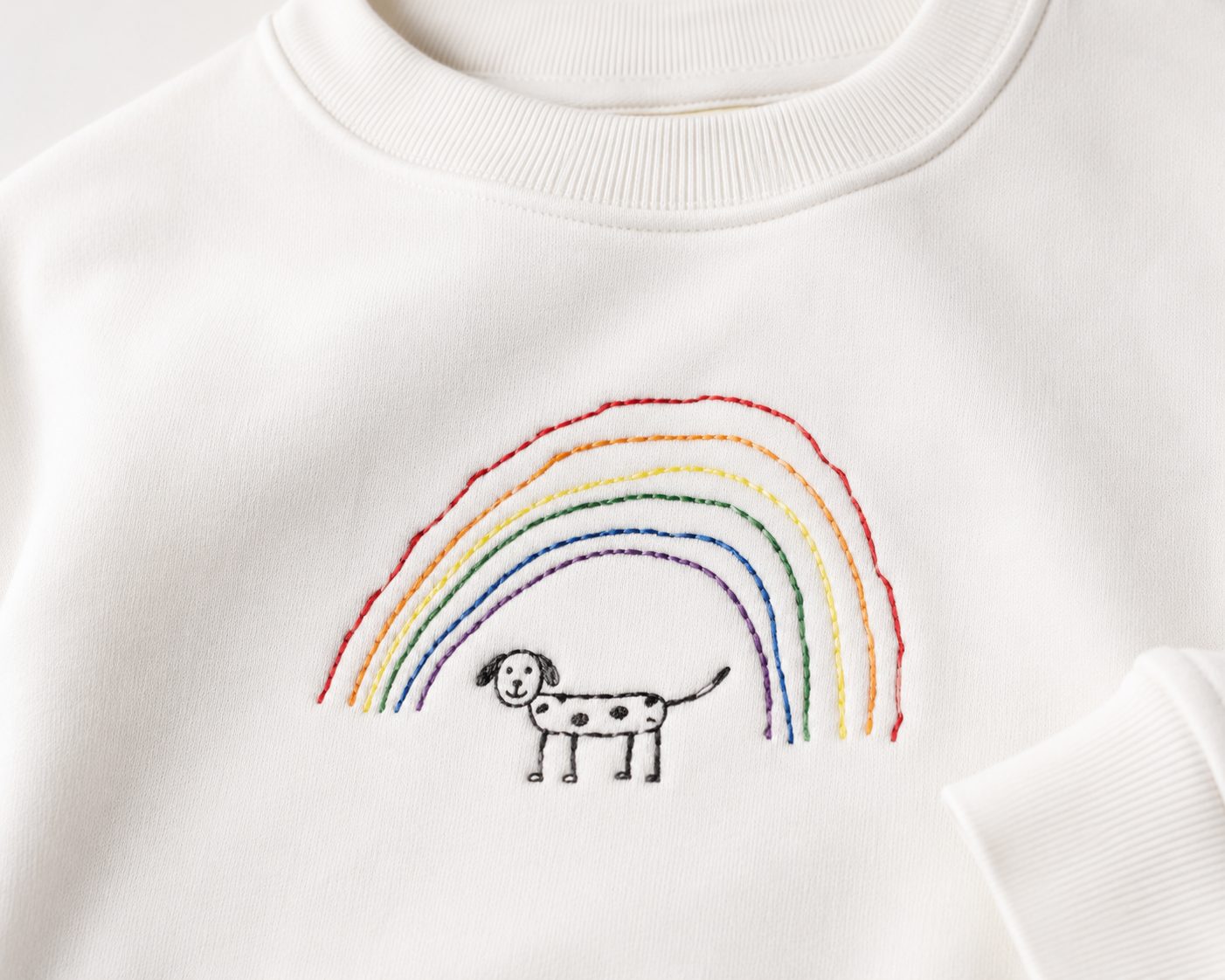 Nahaufnahme: gestickter Regenbogen mit Hund auf weißem Sweatshirt