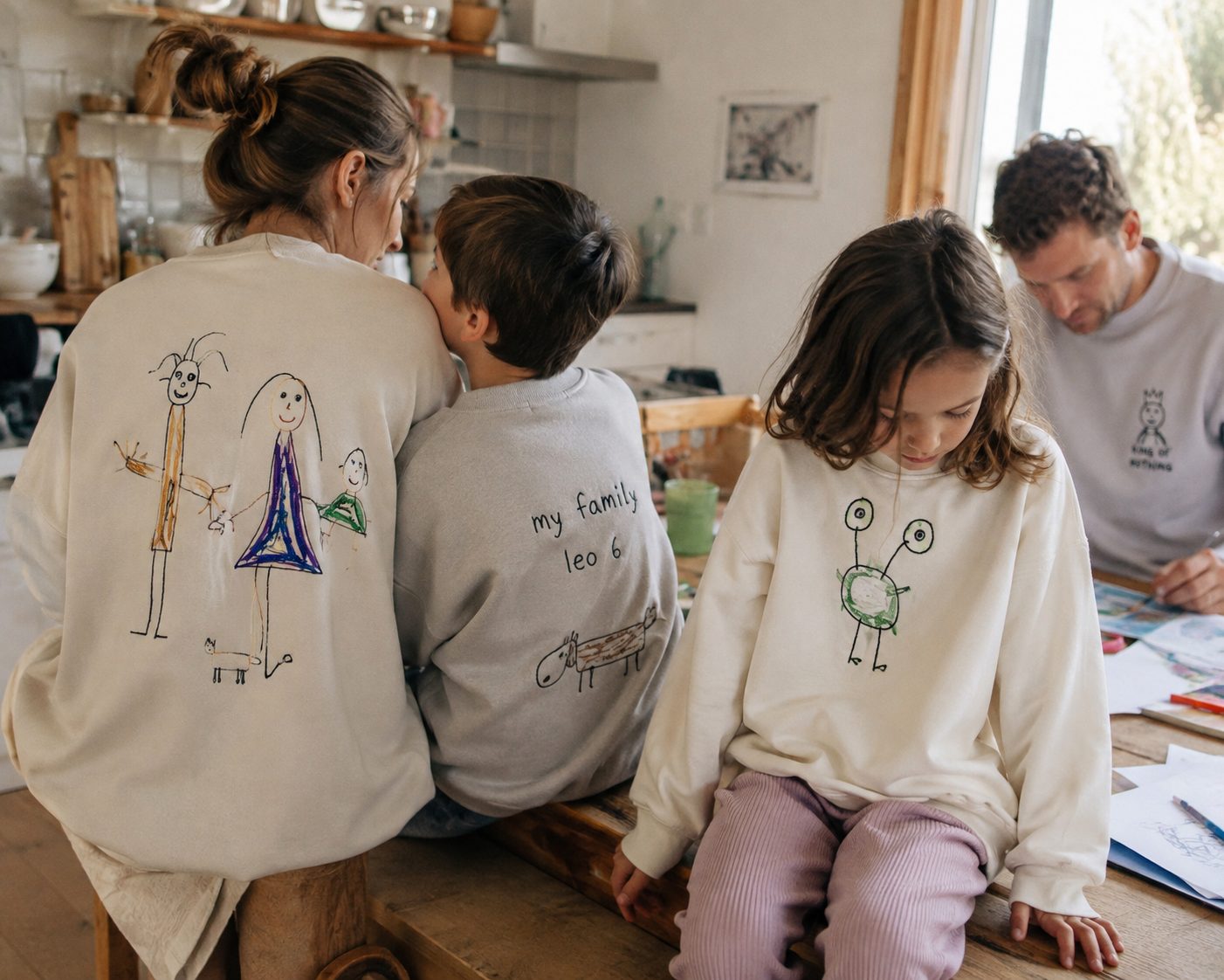 Familie in Sweatshirts mit gestickten Kinderzeichnungen